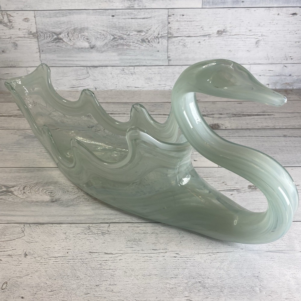 Vtg Glass Swan Figure Bowl Pale Blue Green 18" Murano Style Hand Blown MCM Decor